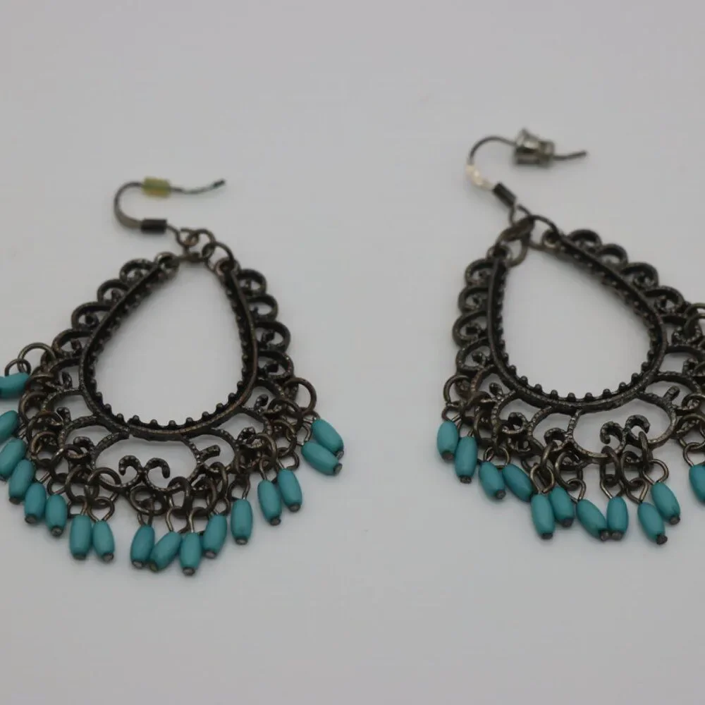 Vintage Blue Bead Dangle Earrings Dark Metal Scroll Design